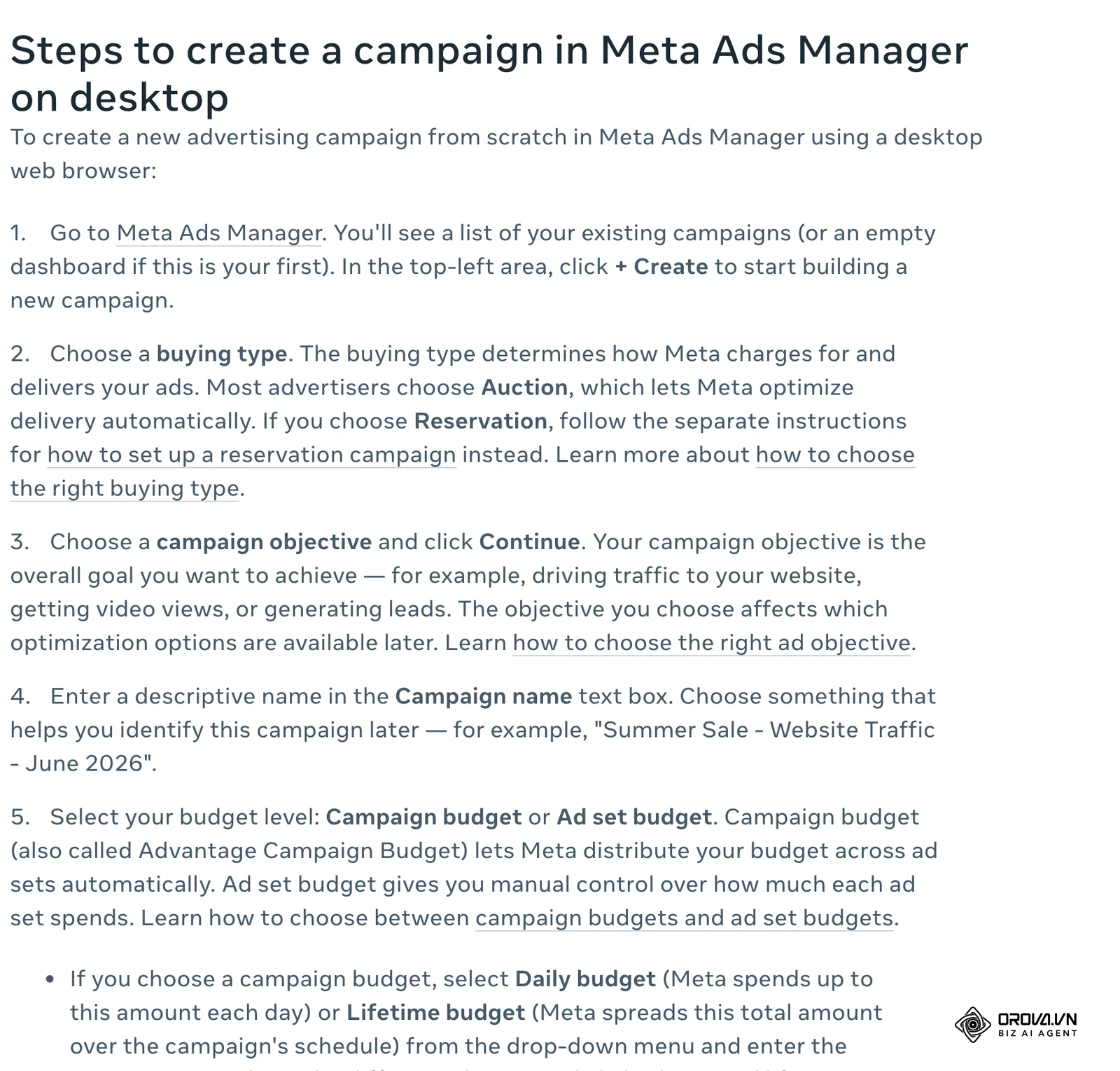 Meta centar za pomoć: koraci izrade kampanje u Upravitelju oglasa – + Create, buying type, cilj i Continue, Campaign name, razina proračuna.