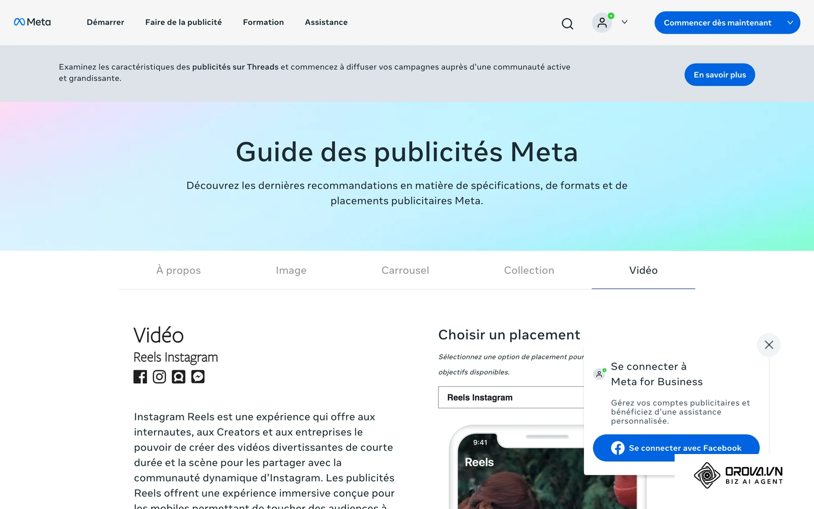 Guide officiel des publicités Meta : spécifications d'une publicité vidéo 9:16 dans les Reels Instagram, emplacement soumis aux mêmes zones de sécurité.