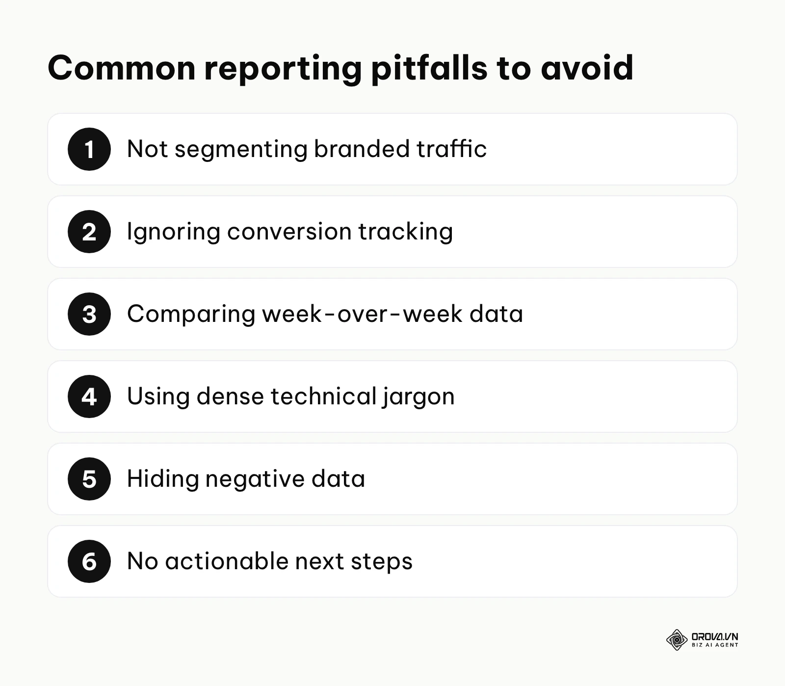 A summary list of the most frequent mistakes made when compiling search marketing performance data.