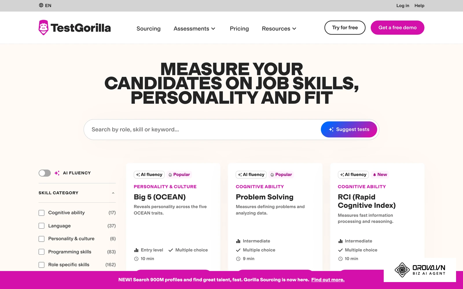 TestGorilla'nın beceri testi kütüphanesi: mülakat öncesi ön elemede kullanılan test kategorileri.