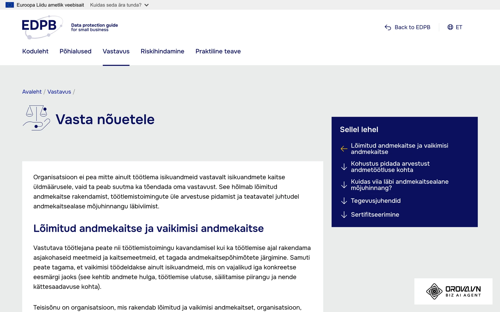 EDPB VKE juhendi eestikeelne jaotis „Vasta nõuetele“: andmekaitsenõuded on osa iga B2B müügiprotsessi ülesehitusest.