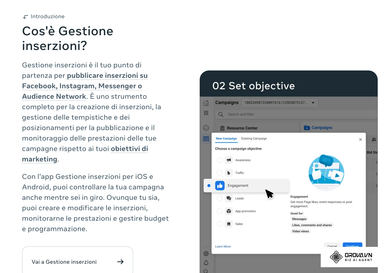 Pagina ufficiale Gestione inserzioni di Meta: descrizione dello strumento e schermata della scelta dell'obiettivo di campagna.