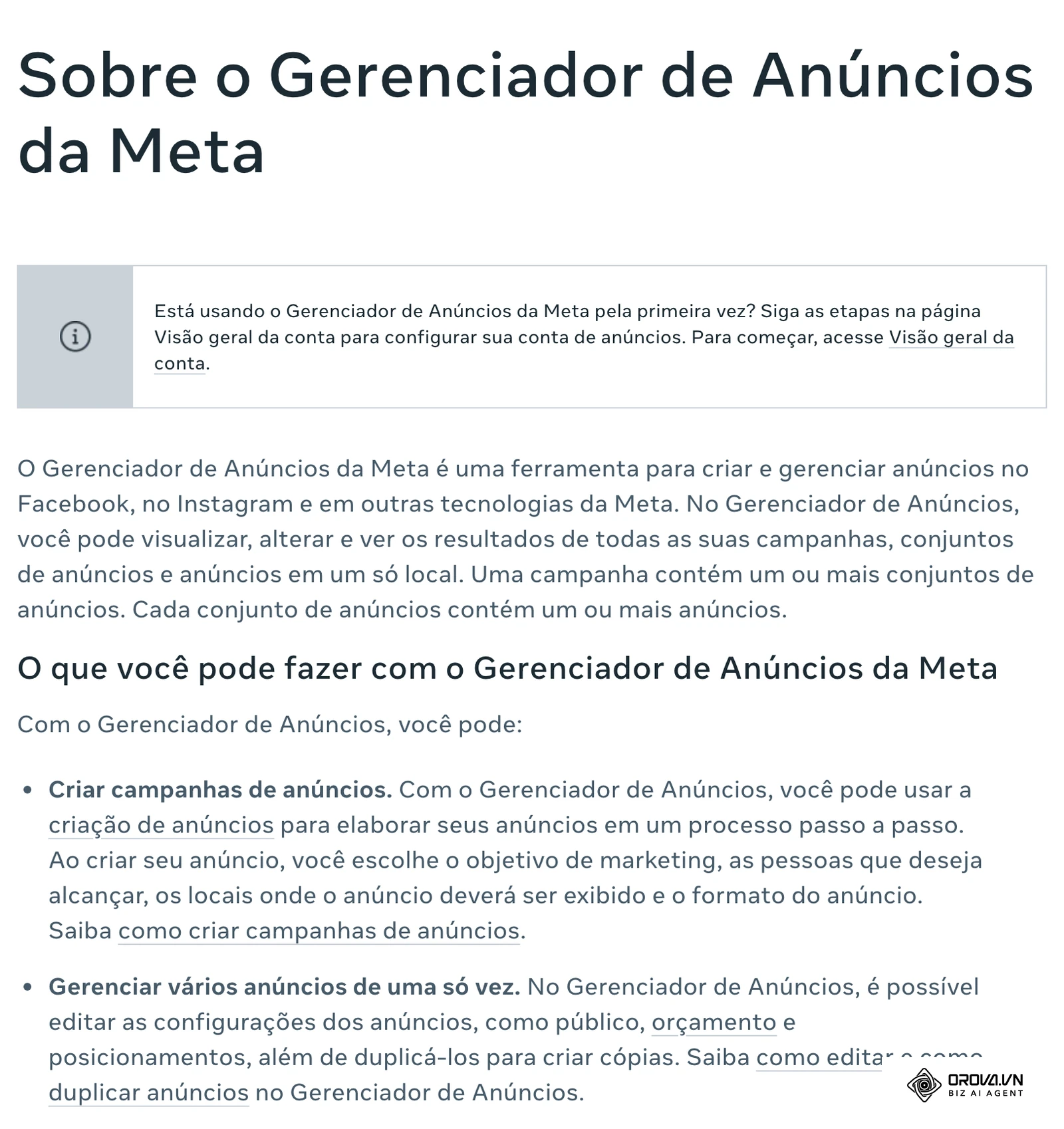 Página da Central de Ajuda da Meta «Sobre o Gerenciador de Anúncios da Meta», com o que é possível fazer na ferramenta.