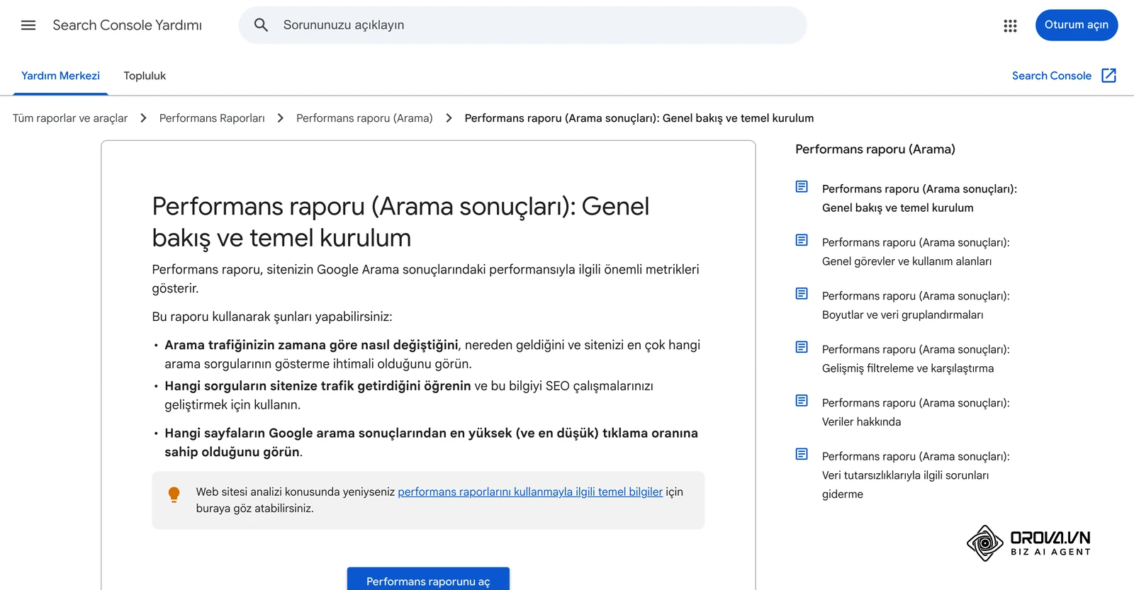 Search Console Yardımı (Türkçe): Performans raporu (Arama sonuçları) genel bakış ve temel kurulum belgesi.