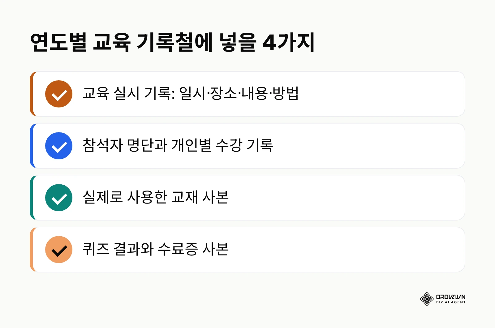교육 실시 기록, 수강 기록, 교재 사본, 퀴즈 결과로 구성한 교육 기록철 목록