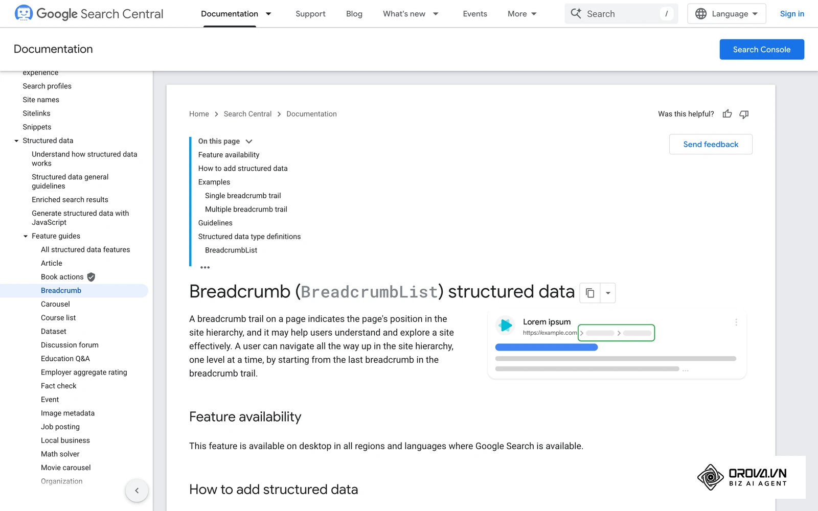 ឯកសារផ្លូវការរបស់ Google Search Central អំពី Breadcrumb structured data (BreadcrumbList)