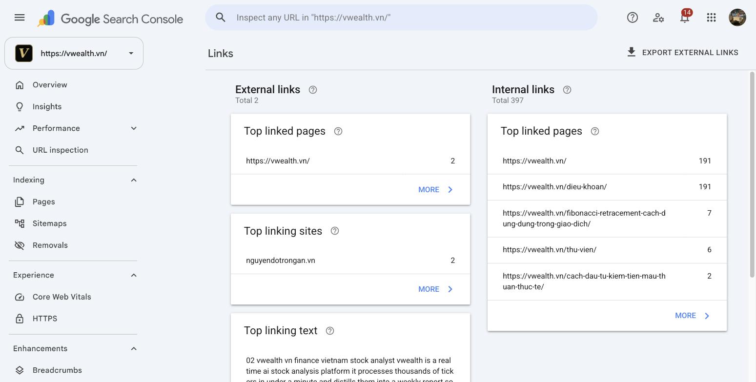 真实示例:vwealth.vn 在 Google Search Console「链接」报告中的外部链接、热门引荐网站与内部链接统计