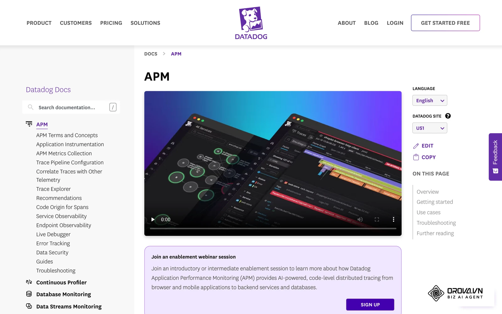 Datadog 官方文档中的 APM 链路追踪介绍页，说明如何追踪服务之间的调用与延迟。