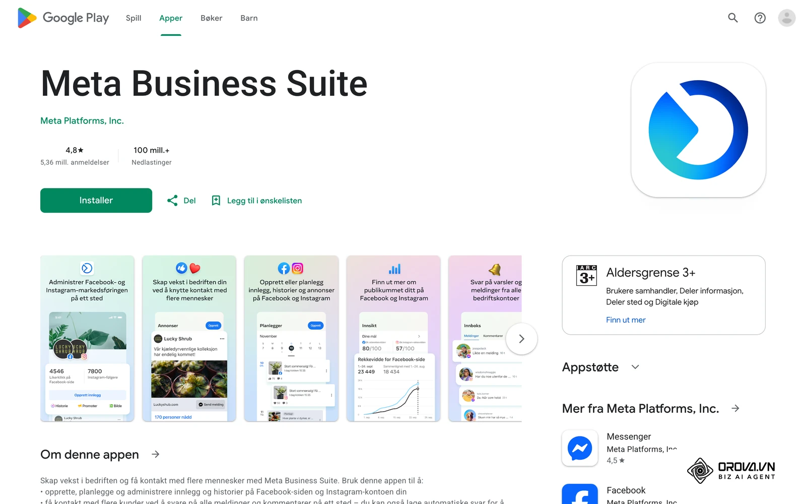 Meta Business Suite sin offisielle side på Google Play: skjermbildene viser appens kalender for planlagte innlegg.