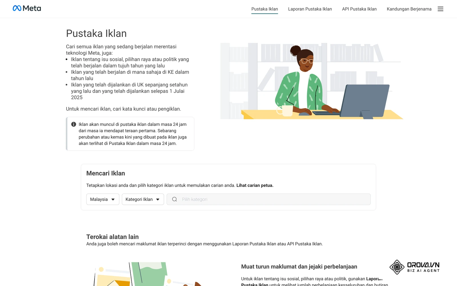 Halaman utama Meta Ad Library dalam Bahasa Melayu dengan negara Malaysia dipilih, kotak Kategori Iklan dan bar carian; nota menyatakan iklan isu sosial, pilihan raya atau politik disimpan tujuh tahun.