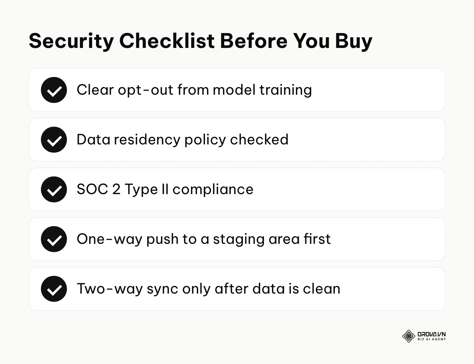 Checklist of five security checks before connecting an AI marketing tool