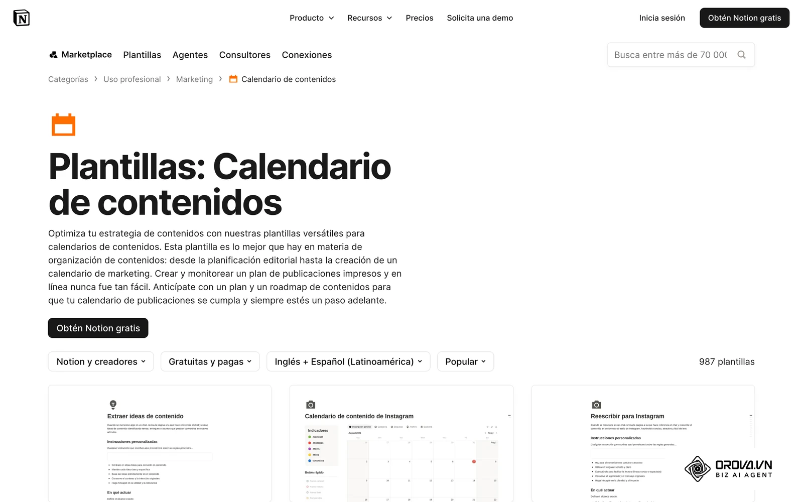 Galería oficial de plantillas de calendario de contenidos en Notion, con columnas de estado y responsable.