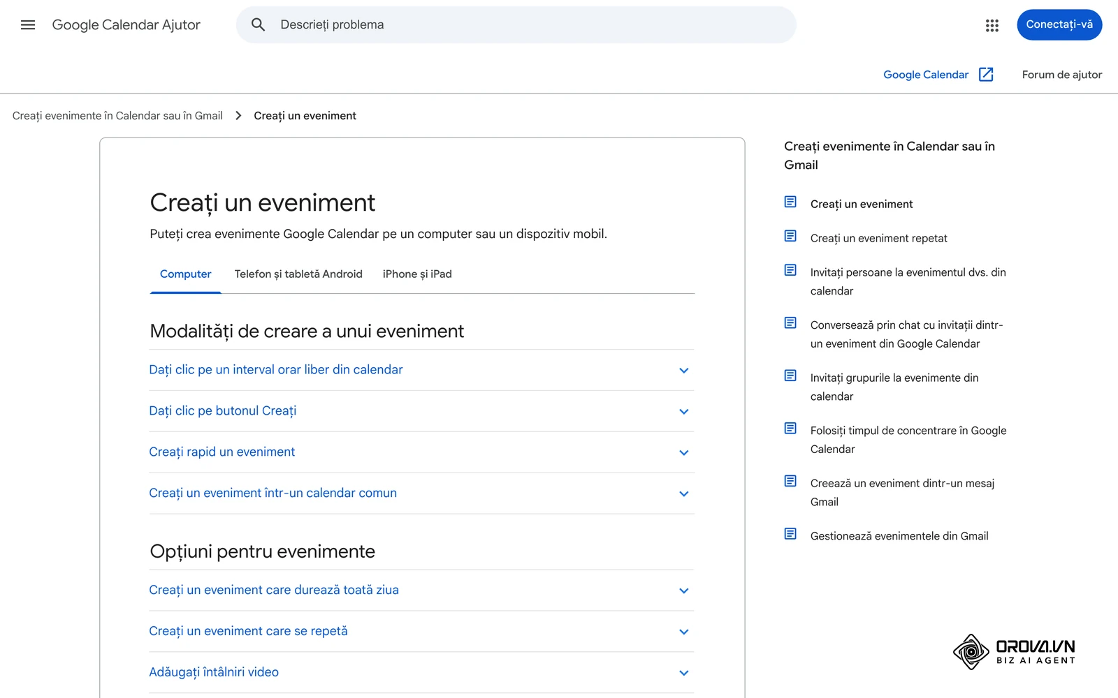 Ajutor Google Calendar în limba română: crearea unui eveniment în care poți scrie agenda în descriere