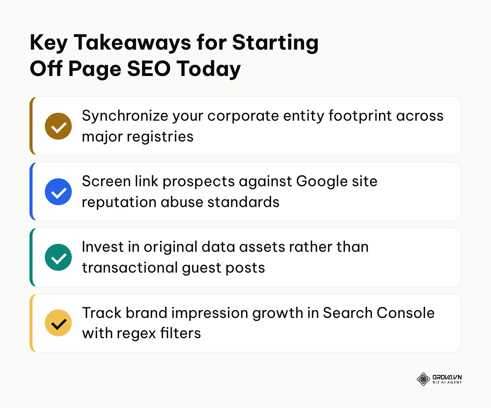 Summary checklist outlining foundational priorities for launching an off page SEO campaign.
