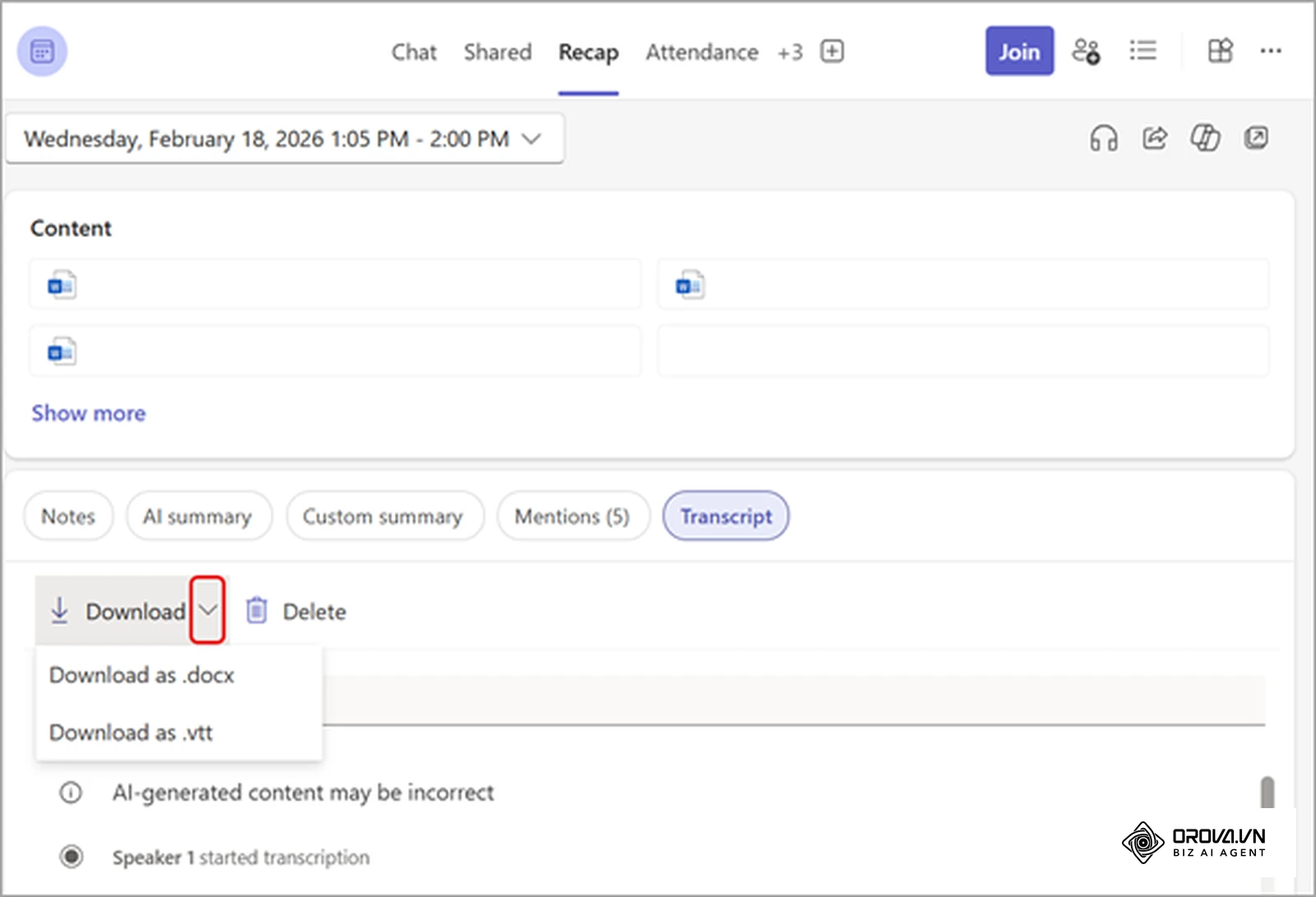 Tangkapan skrin daripada halaman bantuan platform mesyuarat: transkrip mesyuarat yang boleh dimuat turun sebagai fail .docx atau .vtt.