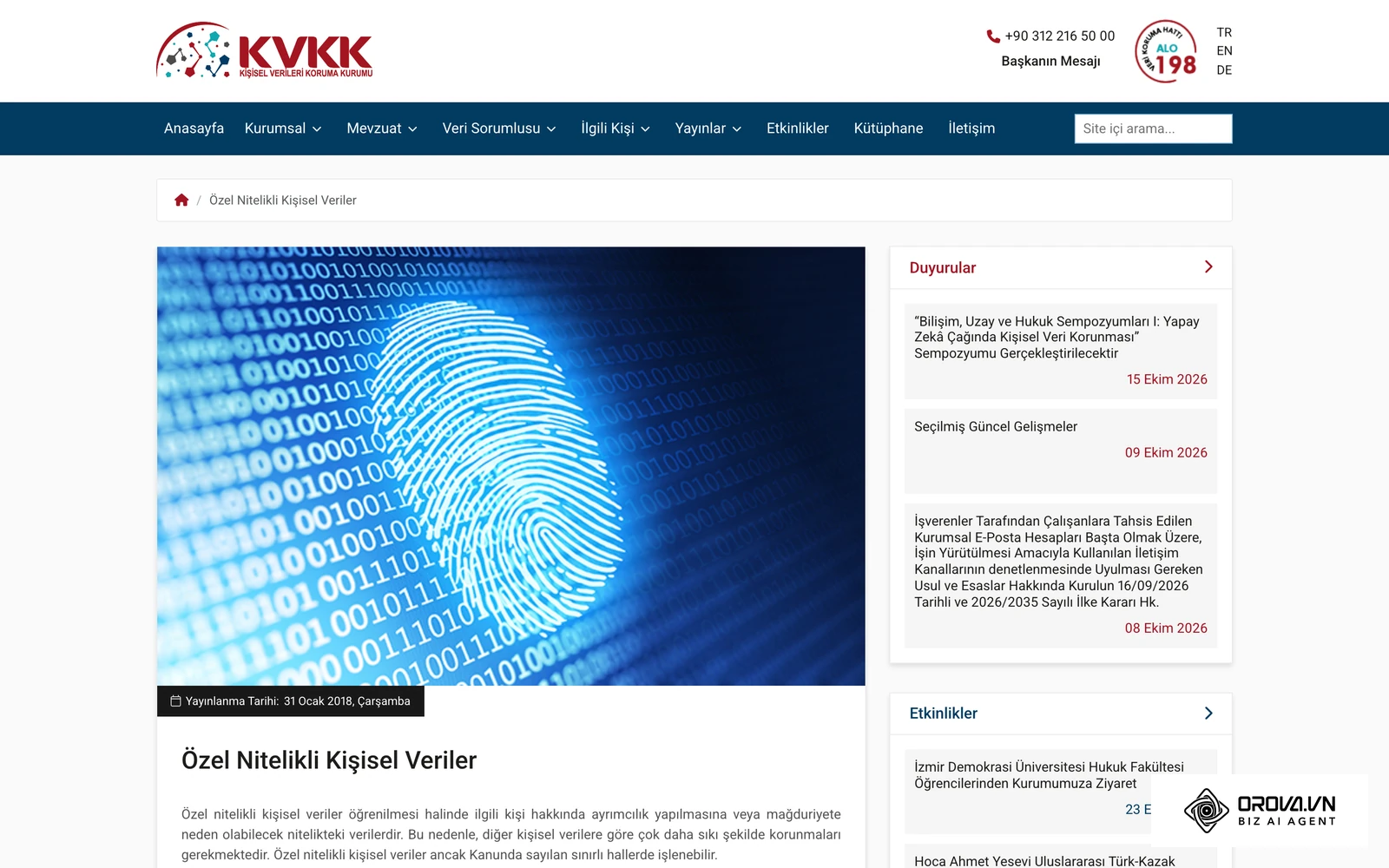 Kişisel Verileri Koruma Kurumu'nun özel nitelikli kişisel veriler sayfası; biyometrik veriler bu grupta sayılır.