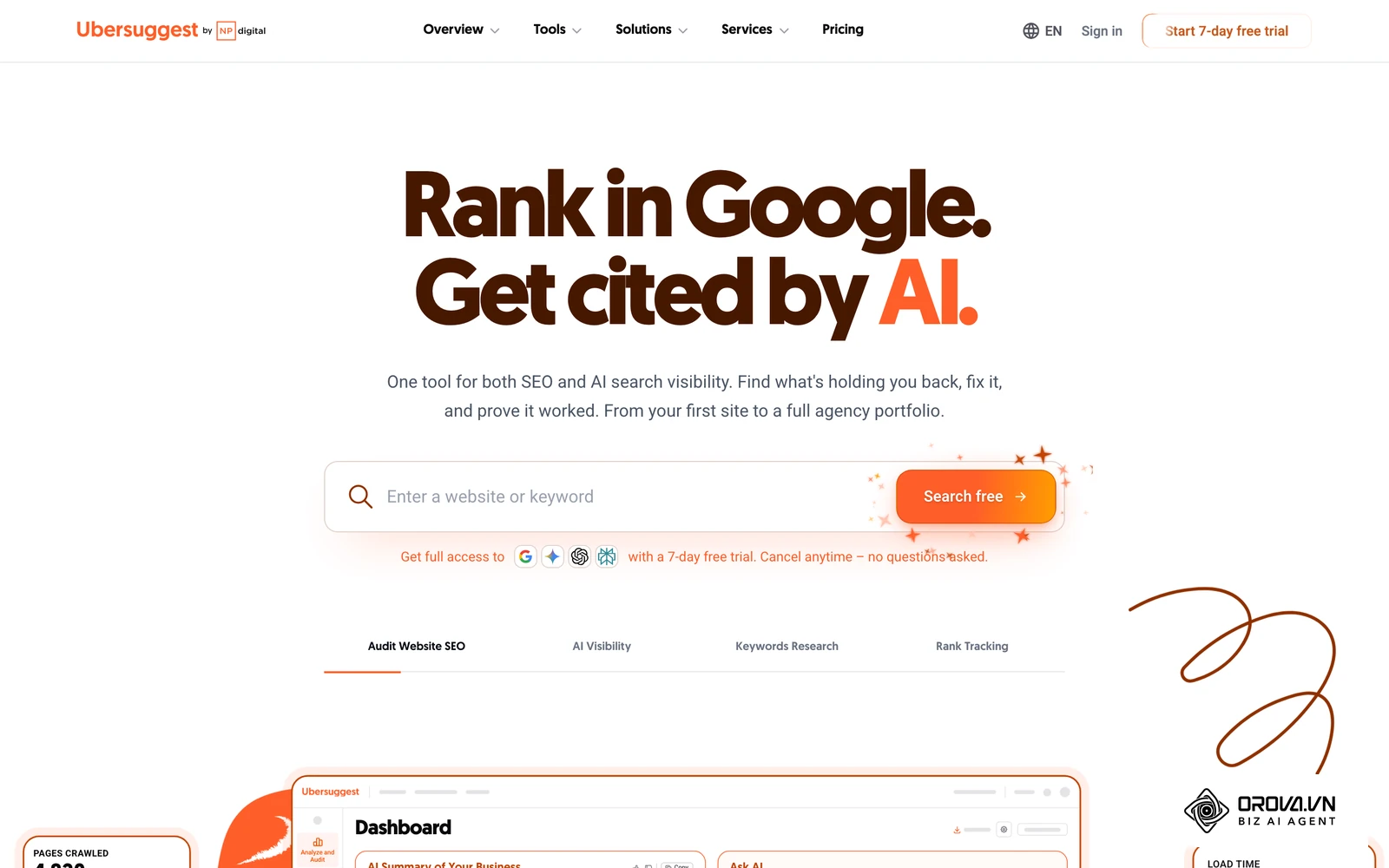ទំព័រផលិតផល Ubersuggest លើគេហទំព័រ neilpatel.com ដែលបង្ហាញចំណុចប្រទាក់ស្វែងរកដែន និងពាក្យគន្លឹះ។