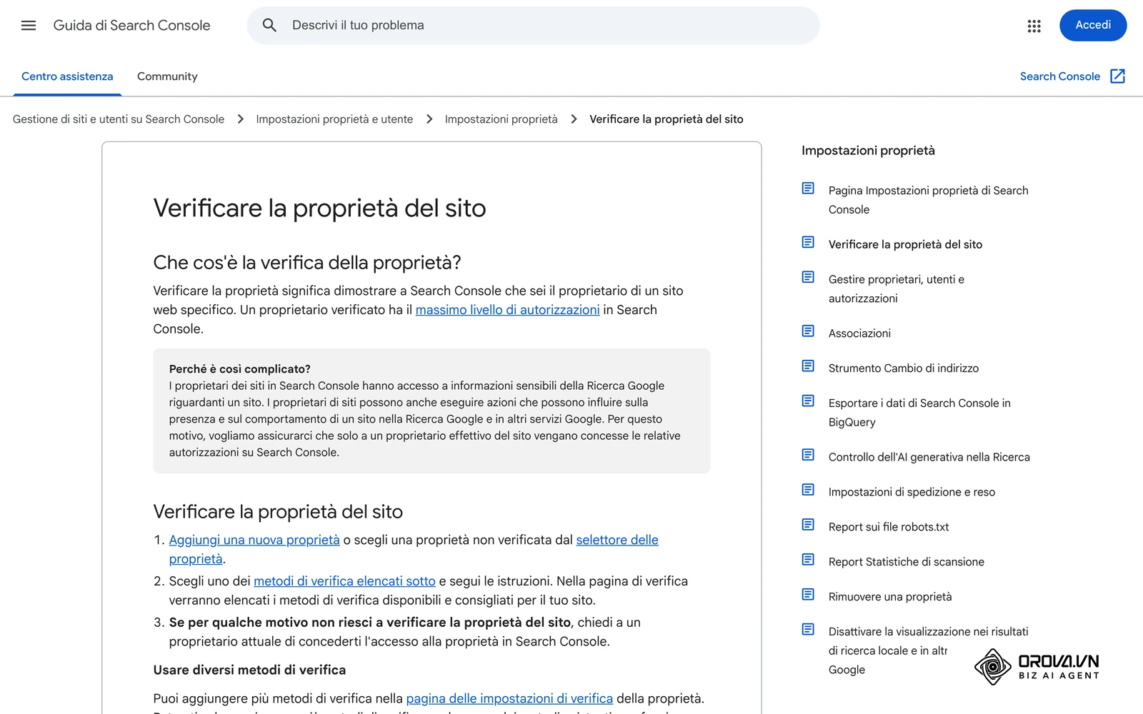 Pagina ufficiale di assistenza Google in italiano sui metodi di verifica della proprietà del sito, incluso il record DNS.