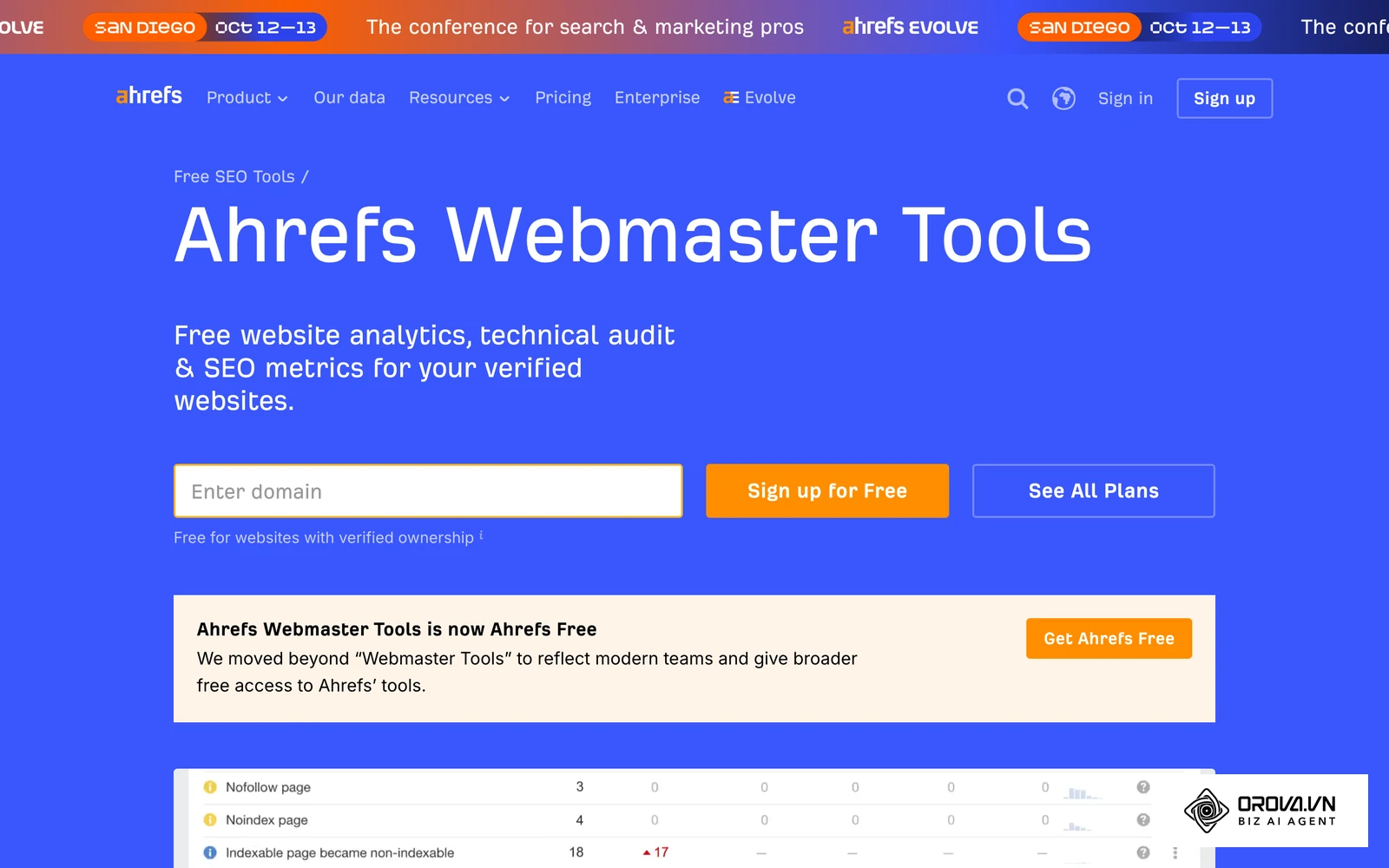 Page officielle d'Ahrefs Webmaster Tools, désormais appelé Ahrefs Free, pour analyser gratuitement les liens de son propre site.
