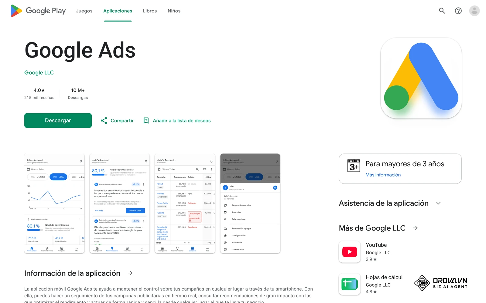Ficha oficial de la aplicación móvil de Google Ads, con capturas de la interfaz para revisar campañas y palabras clave.