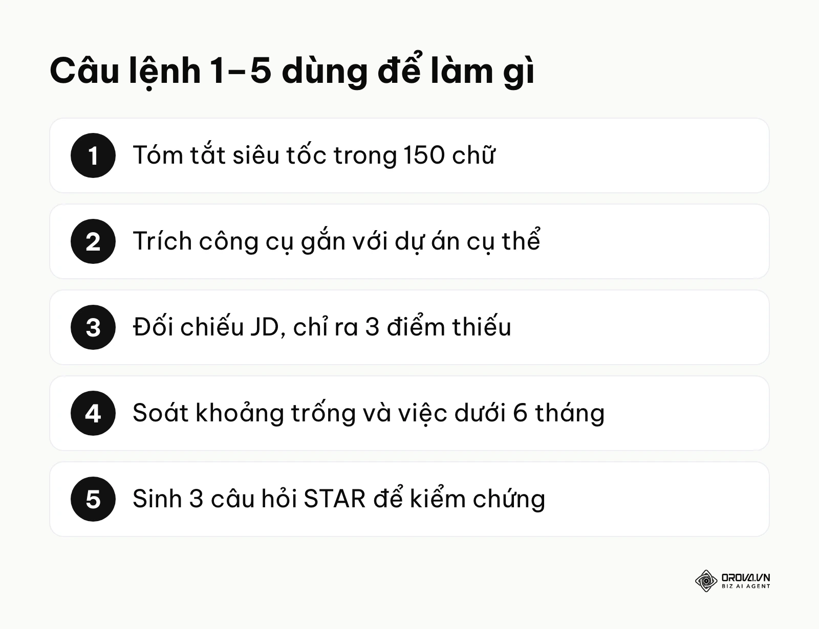 Tóm tắt 5 câu lệnh AI đầu tiên để đọc CV: tóm tắt, trích kỹ năng, đối chiếu JD, soát mốc thời gian, sinh câu hỏi STAR