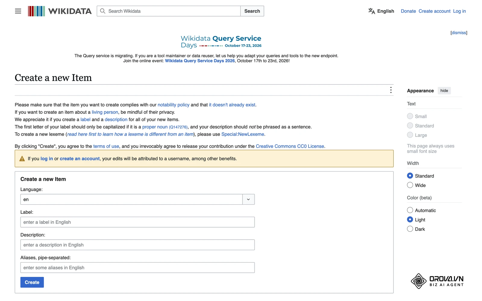 Formulario de Wikidata para crear un nuevo elemento: idioma, etiqueta, descripción y alias de la entidad.