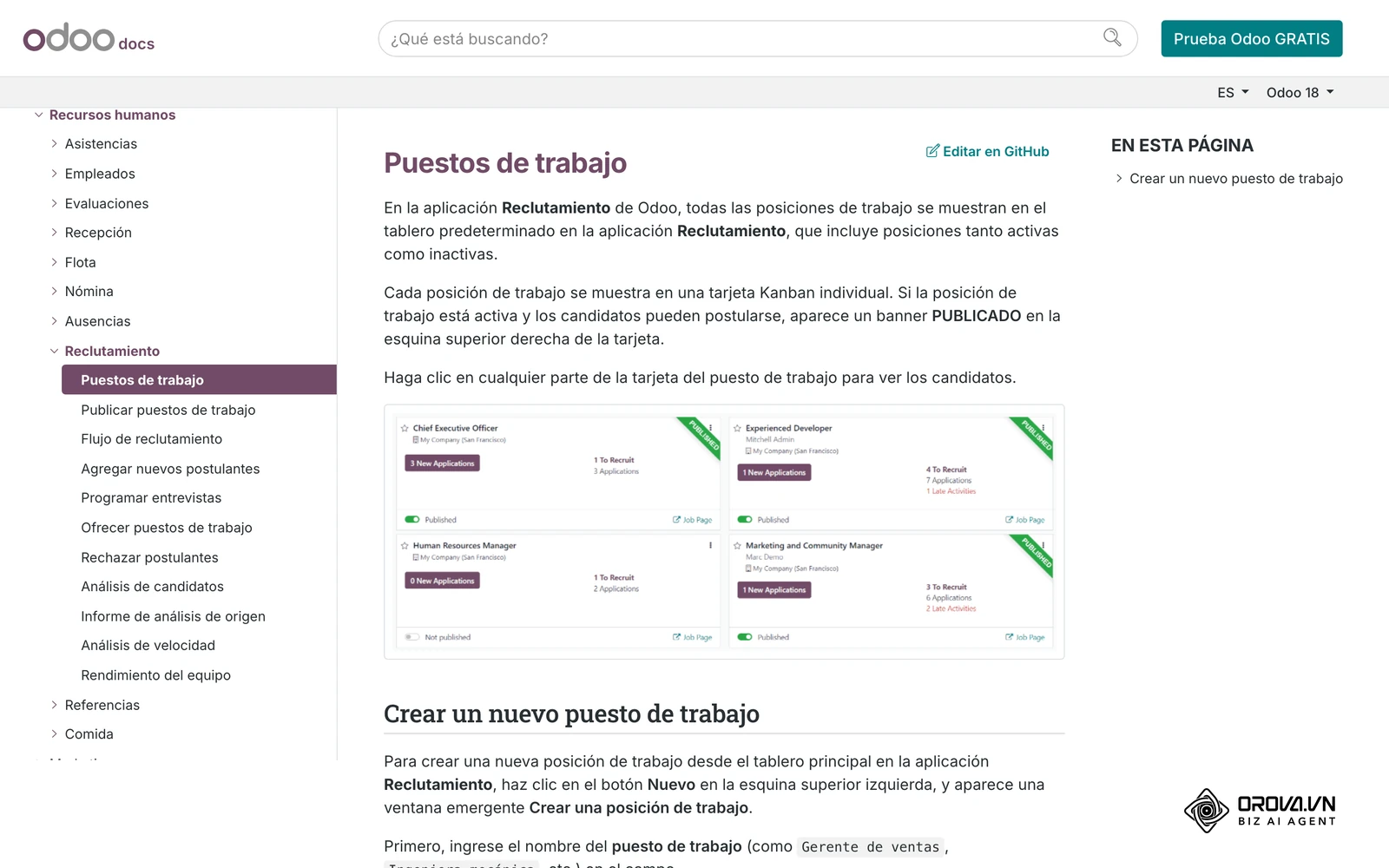Documentación oficial de Odoo en español: tablero de puestos de trabajo de la aplicación Reclutamiento, con cada vacante marcada como publicada o no publicada.