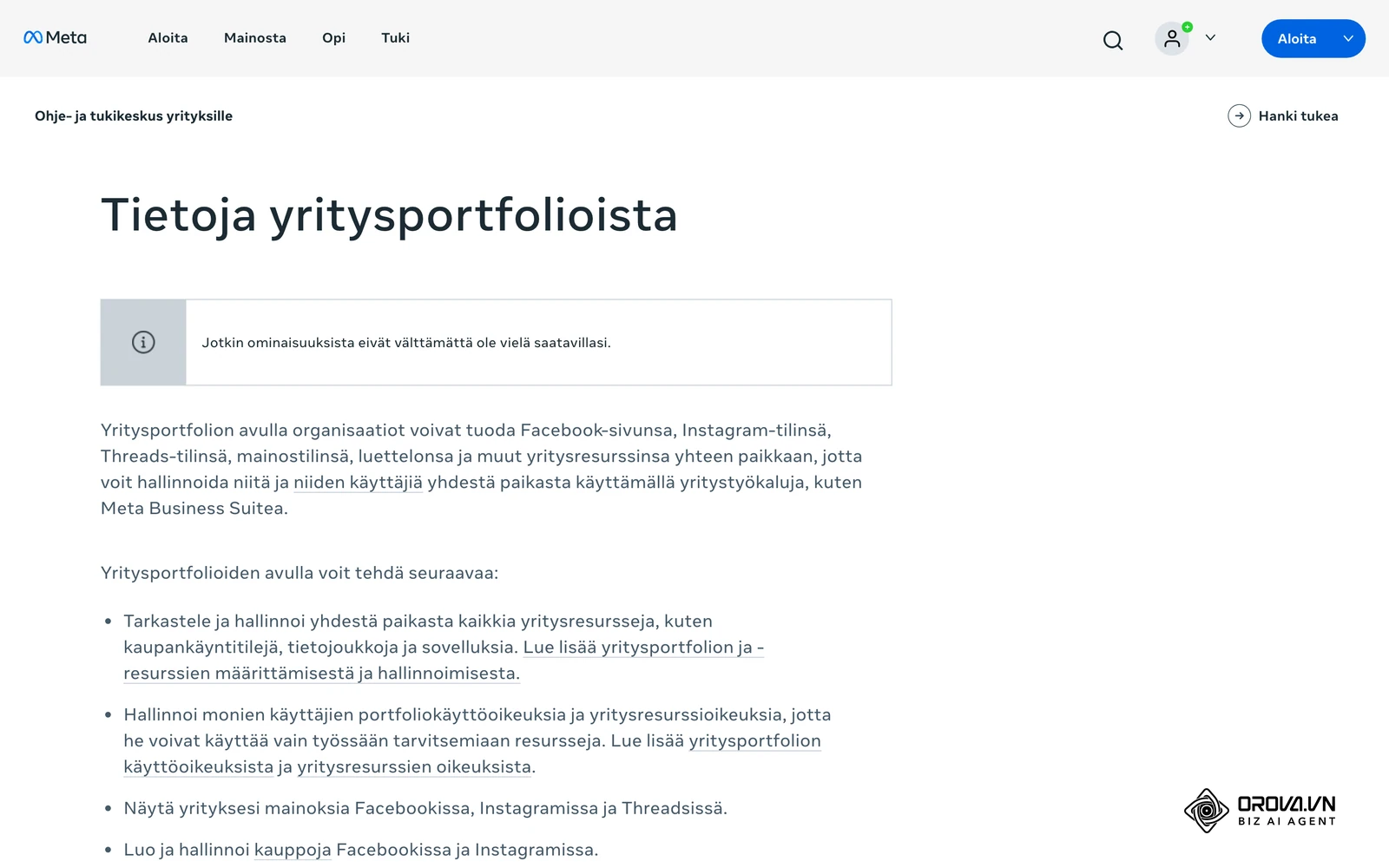 Metan ohje- ja tukikeskus yrityksille (suomeksi): Tietoja yritysportfolioista, eli mitä Business Managerin nykyisellä yritysportfoliolla voi tehdä.