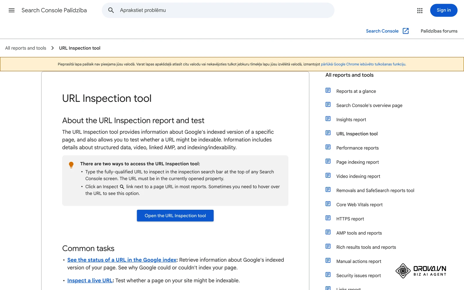 Google Search Console oficiālā palīdzība par rīku “URL pārbaude” — tajā salīdzina lietotāja deklarēto un Google izvēlēto kanonisko URL.