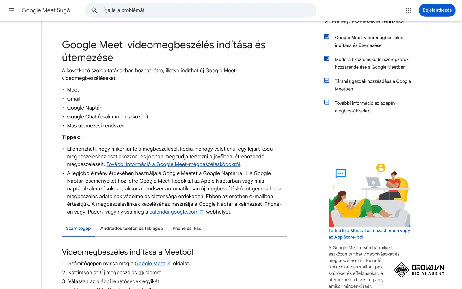 A Google Meet Súgó magyar nyelvű oldala videomegbeszélés indításáról és ütemezéséről (support.google.com).
