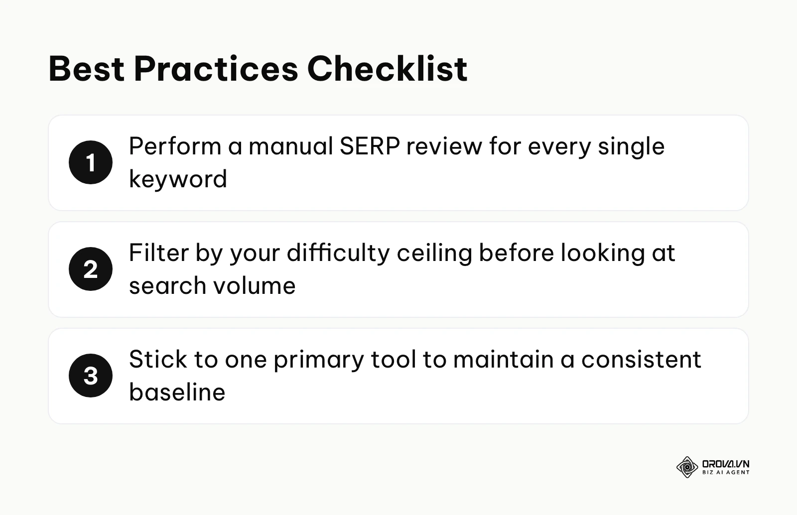 Numbered checklist summarizing the best practices for adapting a keyword strategy.