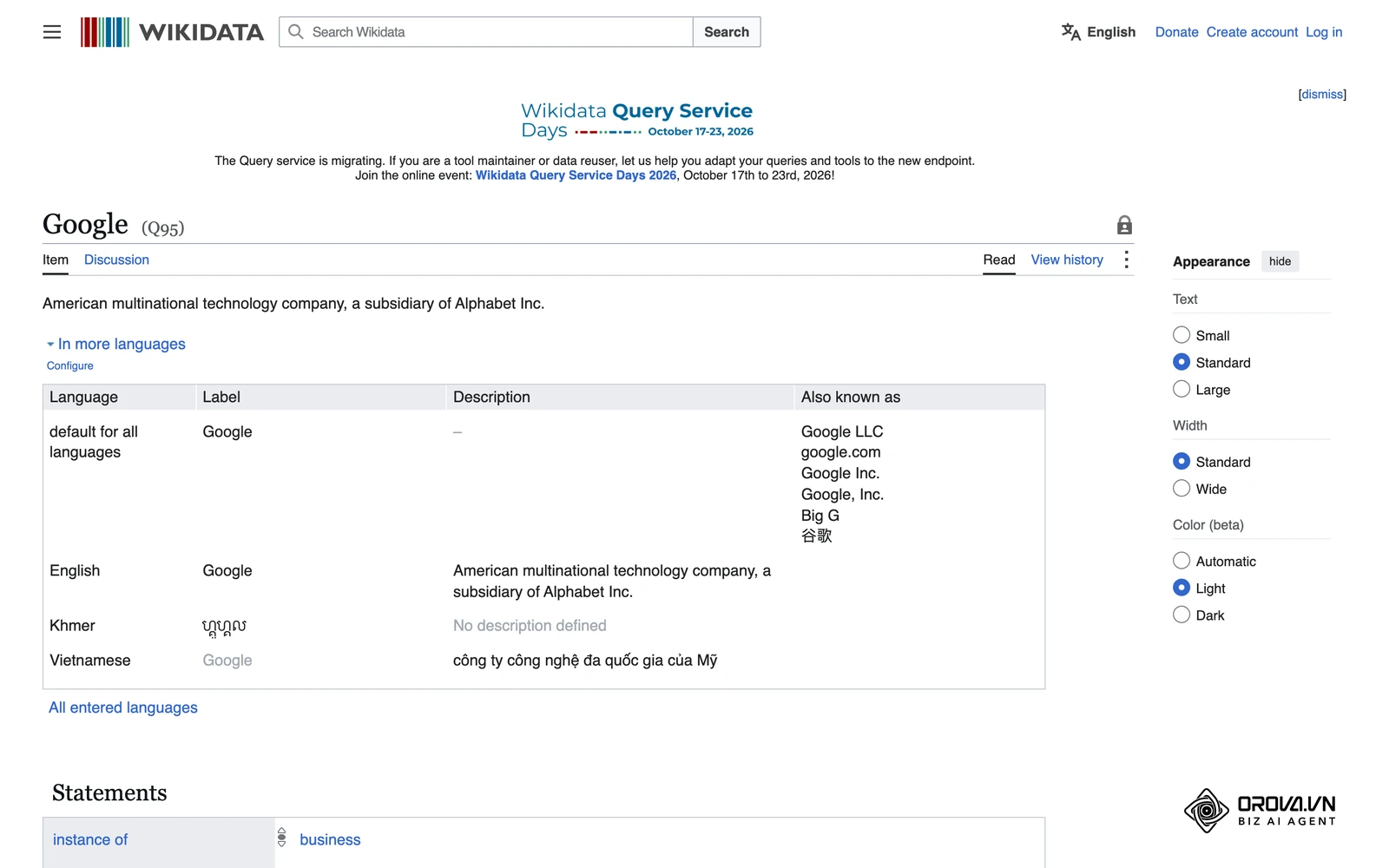 ទំព័រអង្គភាព Google (លេខសម្គាល់ Q95) លើ Wikidata៖ ស្លាកការពិពណ៌នាឈ្មោះហៅផ្សេង និងលក្ខណៈទិន្នន័យដែលភ្ជាប់ទៅអង្គភាពដទៃ