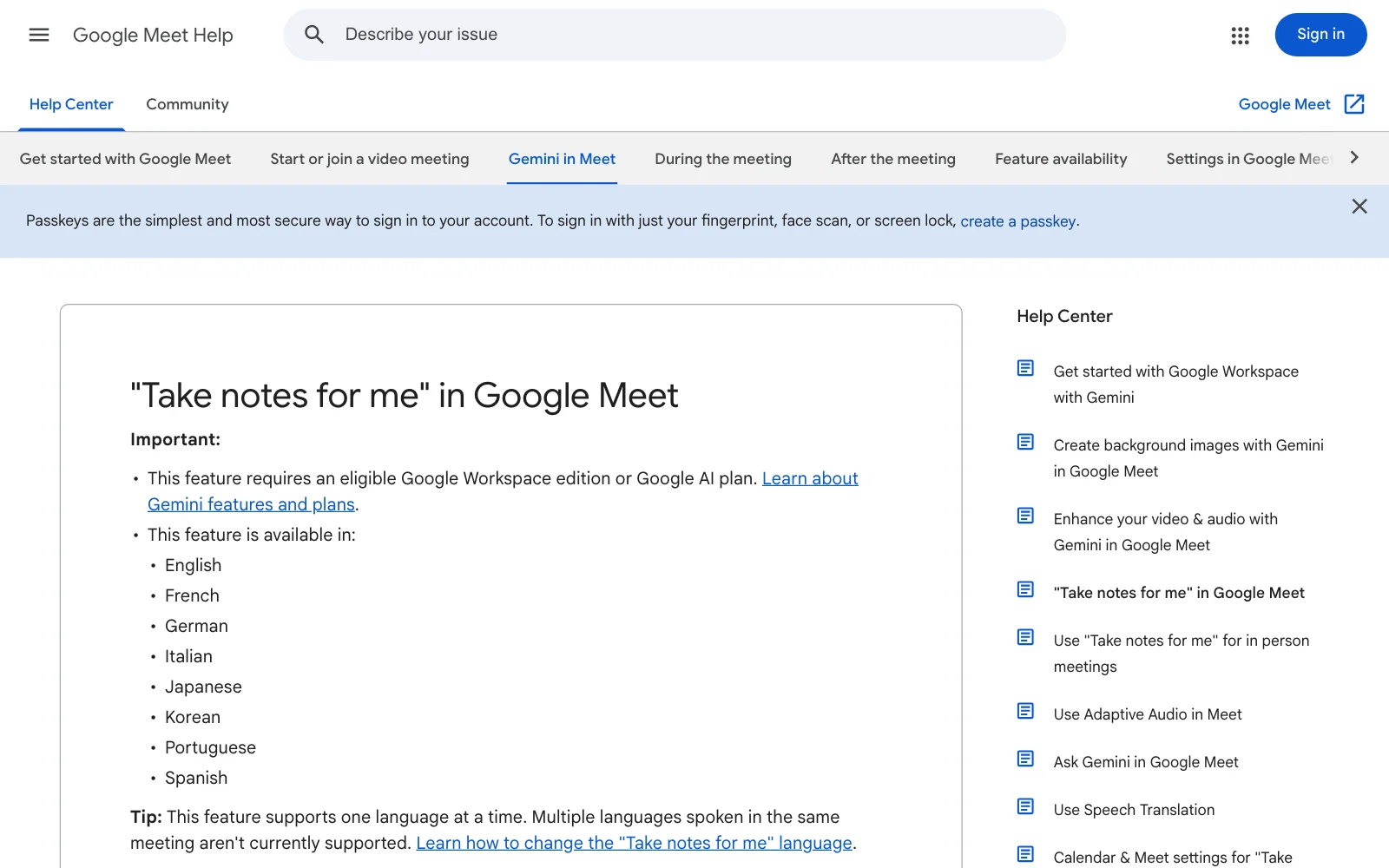 Opisyal na help page ng Google Meet para sa "Take notes for me", ang AI note-taking feature ng Google Meet.