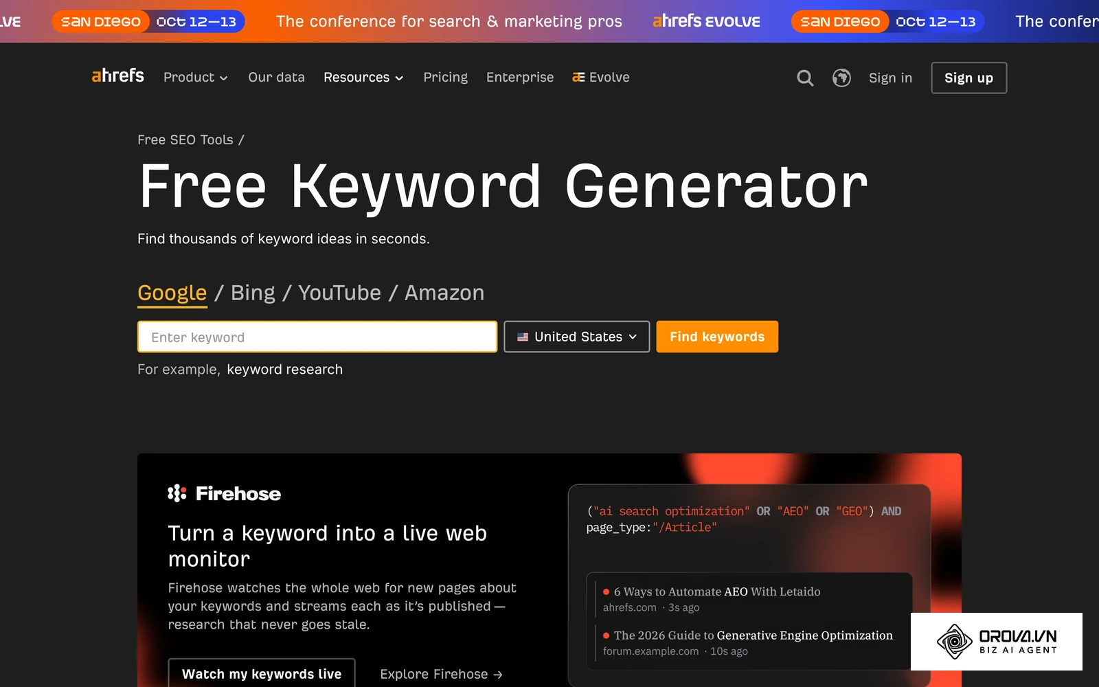 หน้าเครื่องมือ Free Keyword Generator ของ Ahrefs ซึ่งเป็น keyword tool ฟรีที่พิมพ์คำค้นหาแล้วดูไอเดียคำได้ทันทีโดยไม่ต้องสมัครสมาชิก