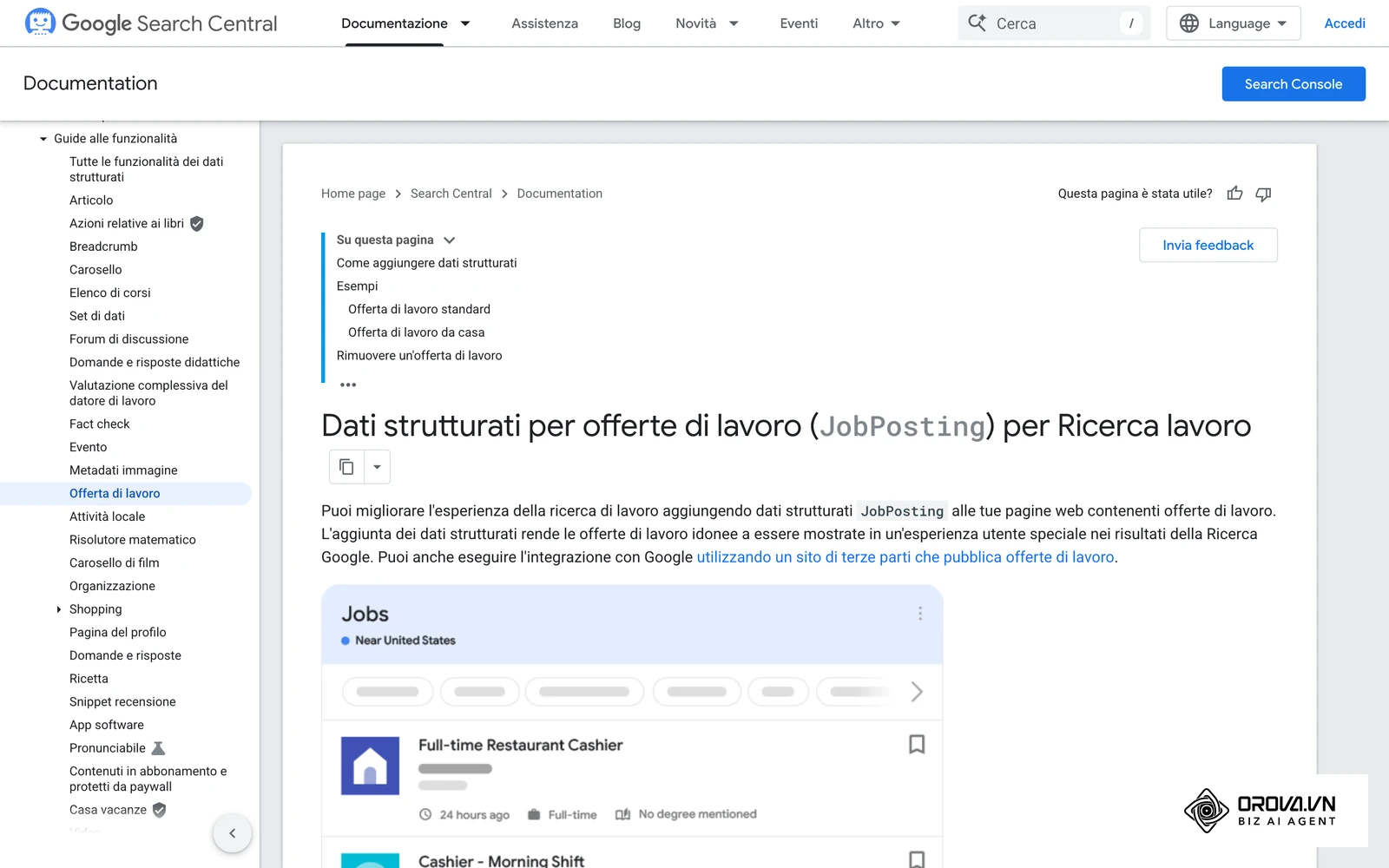 Documentazione ufficiale Google Search Central (dati strutturati JobPosting): l'esempio mostra come le offerte compaiono nella Ricerca lavoro di Google, con titolo del ruolo e tipo di contratto in evidenza.