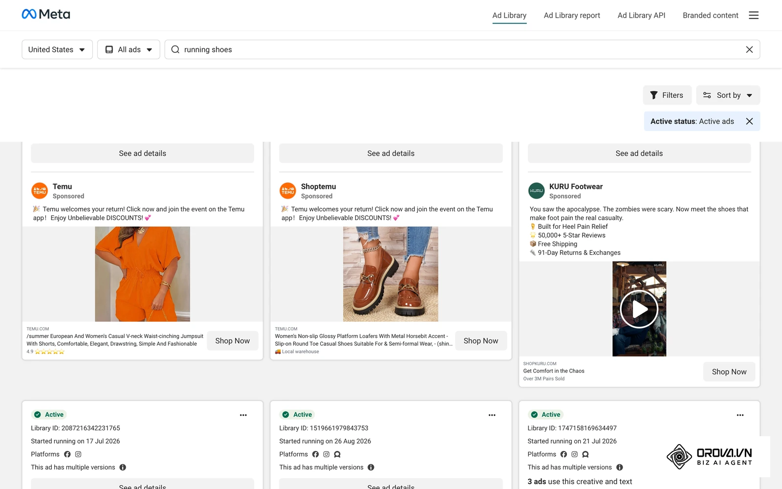 Meta Ad Library search for active US ads matching "running shoes": real Facebook and Instagram ads with advertiser, platforms, and start date.