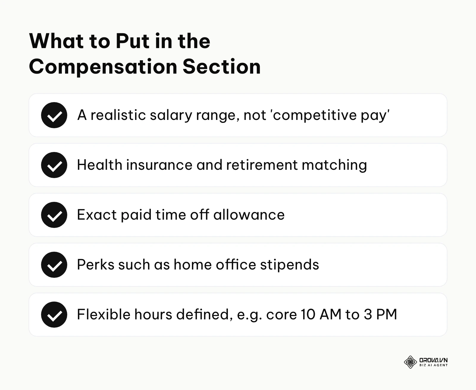 Checklist of compensation and benefit details to list in an HR administrator JD.