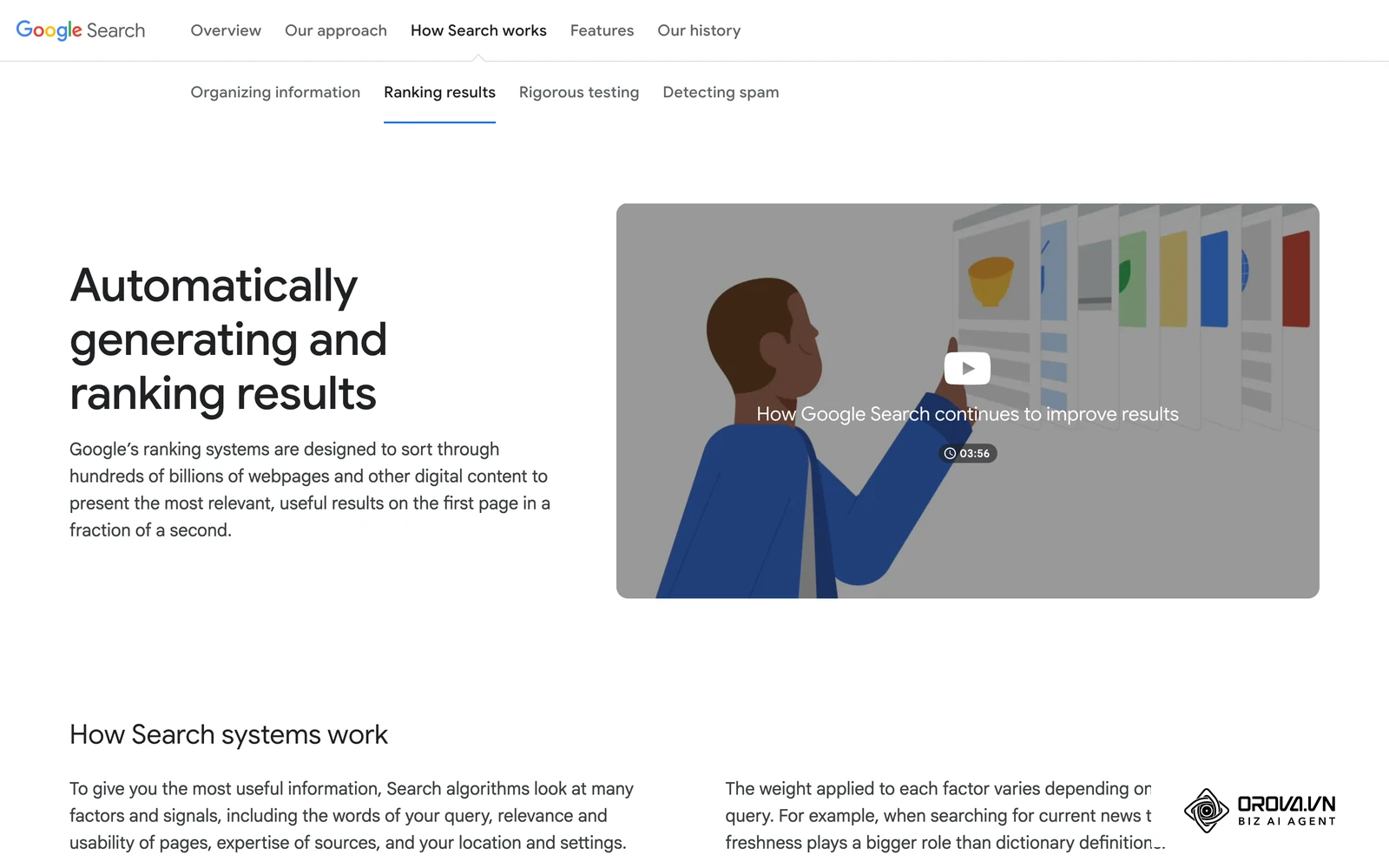 ទំព័រ How Search Works ផ្លូវការរបស់ Google ពន្យល់ពីក្រុមកត្តាសំខាន់ៗដែលប្រើសម្រាប់រៀបចំចំណាត់ថ្នាក់លទ្ធផលស្វែងរក។