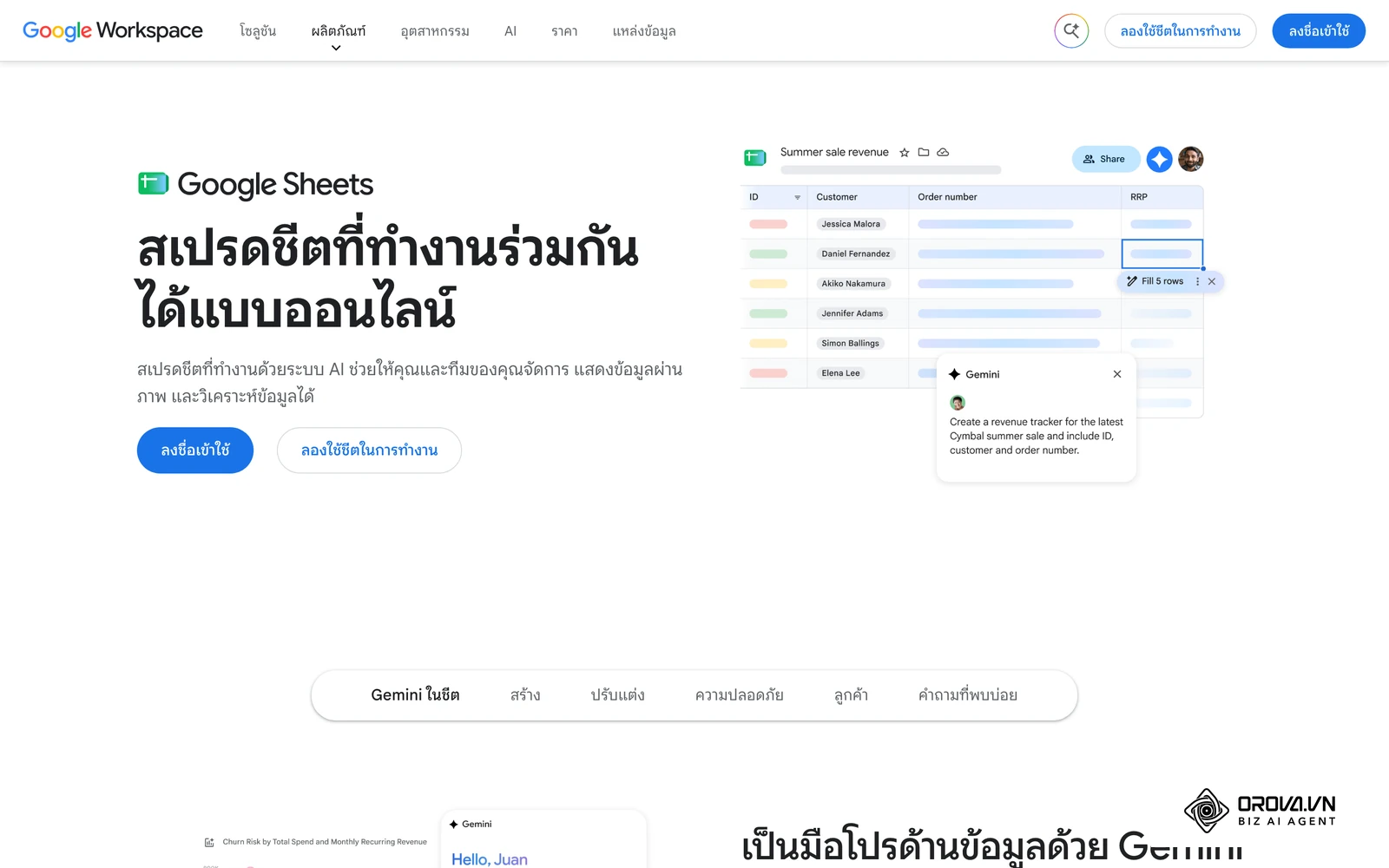หน้าผลิตภัณฑ์ Google ชีตอย่างเป็นทางการของ Google Workspace ที่แสดงหน้าตาสเปรดชีตจริง