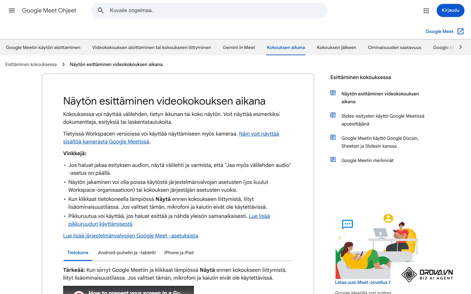Google Meetin ohje näytön esittämisestä kokouksen aikana: testaa jaettava välilehti tai ikkuna ennen aloitusta.