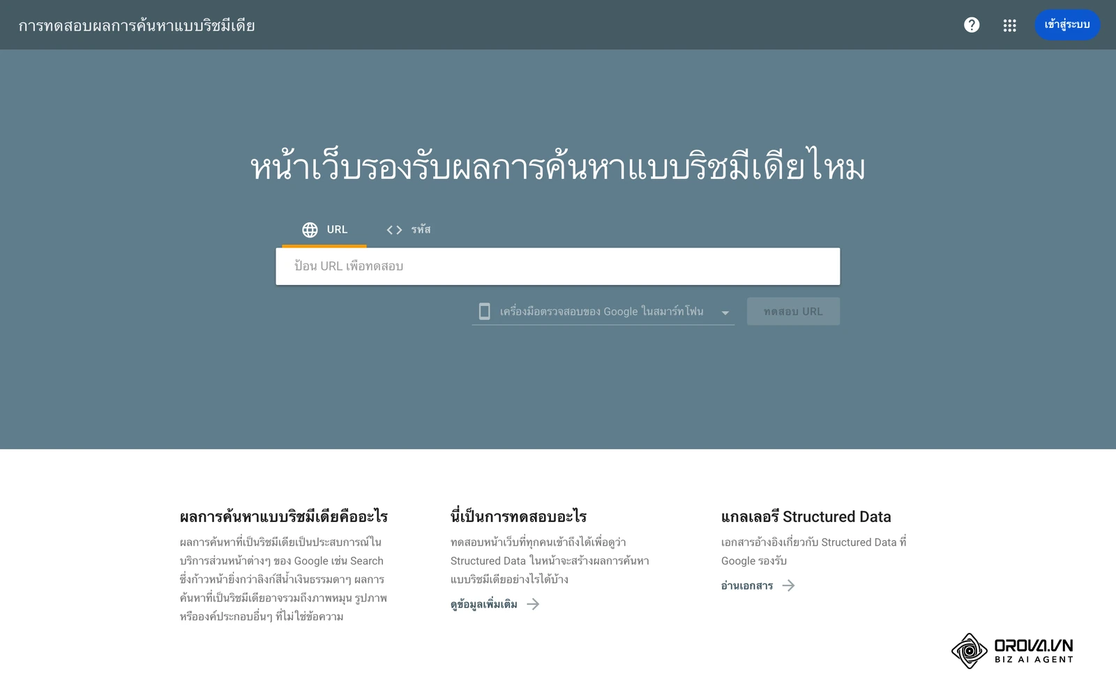 หน้าจอเครื่องมือ Rich Results Test สำหรับทดสอบโค้ดบนเว็บไซต์จริง
