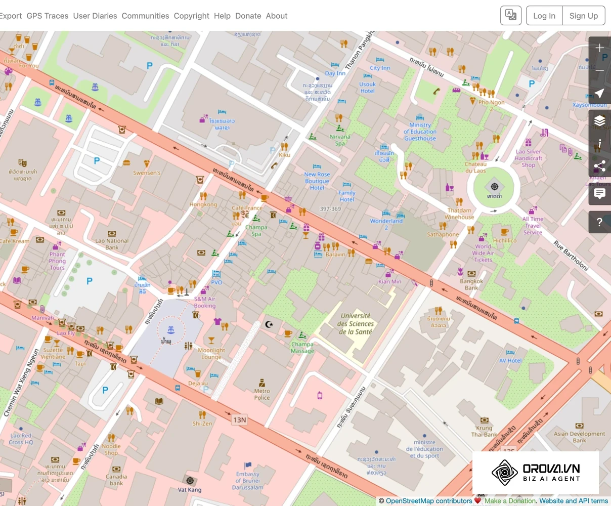ແຜນທີ່ OpenStreetMap ໃຈກາງນະຄອນຫຼວງວຽງຈັນ: ຈຸດທີ່ຕັ້ງຮ້ານຄ້າ, ໂຮງແຮມ ແລະ ຫ້ອງການ ພ້ອມຊື່ທີ່ເປີດເຜີຍສາທາລະນະ