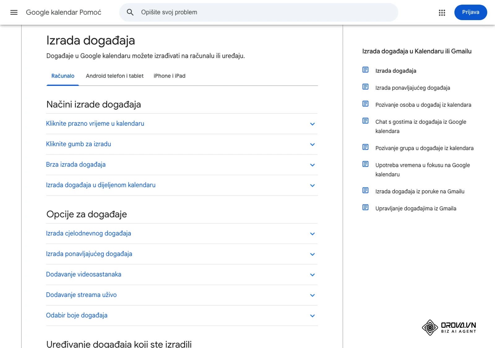 Stranica pomoći Google kalendara (hrvatski): izrada događaja u kojem odmah postavljate trajanje i opis sastanka