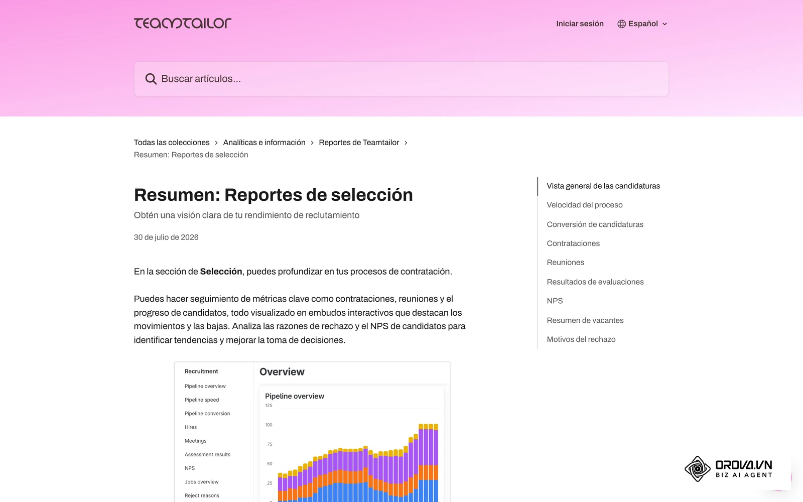 Informe de selección en el centro de ayuda oficial de Teamtailor, con métricas de contratación que un técnico RRHH presenta a la dirección.