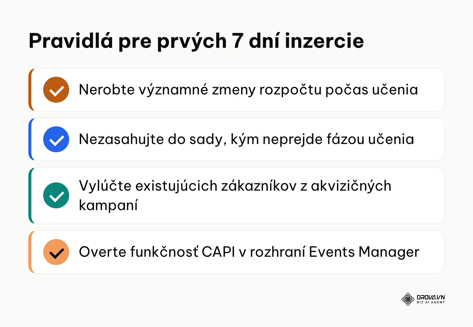 Zhrnutie základných pravidiel pre stabilitu reklamného účtu počas prvého týždňa.