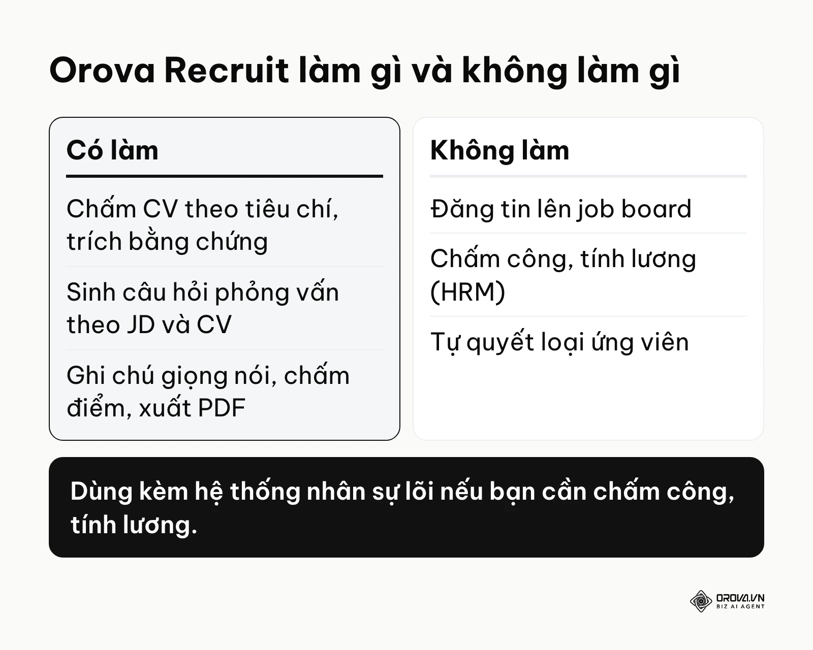 Phạm vi việc Orova Recruit làm và không làm trong tuyển dụng.