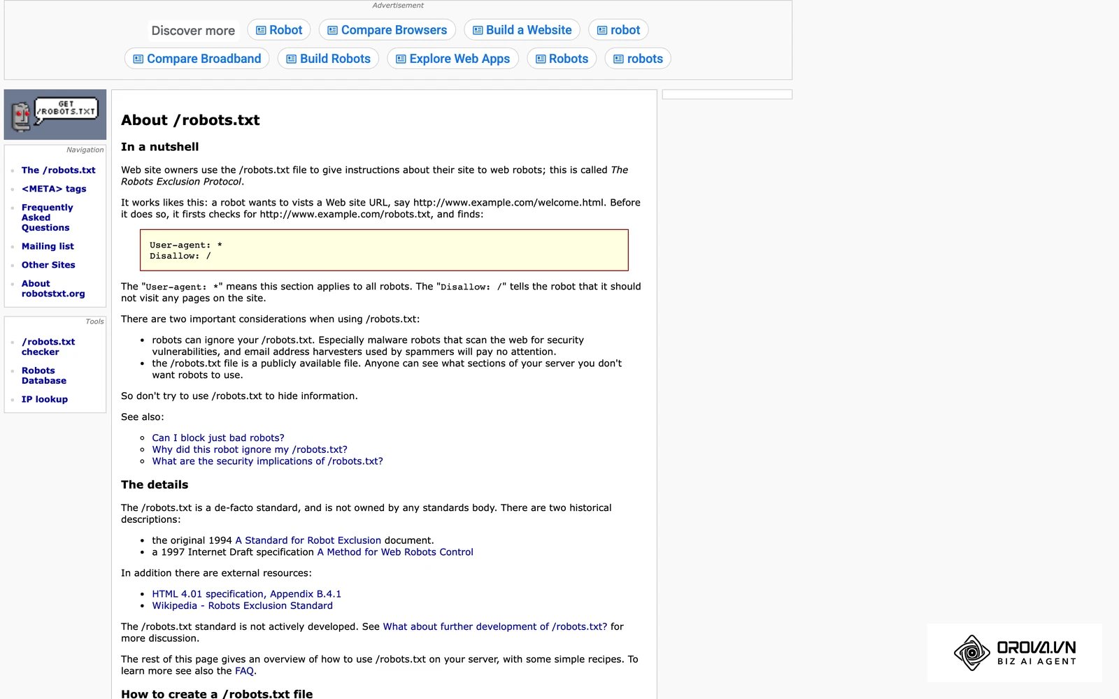 Trang robotstxt.org giới thiệu quy ước robots.txt từ những năm đầu của web.