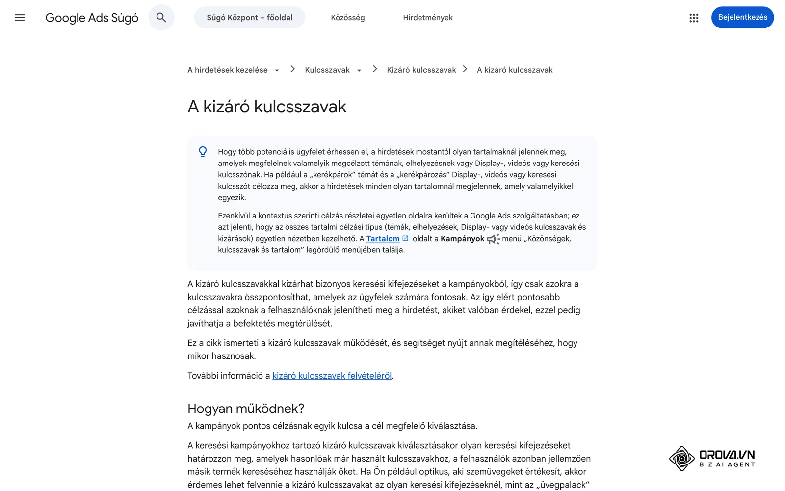 A Google Ads Súgó magyar oldala a kizáró kulcsszavakról és azok egyezési módjáról.