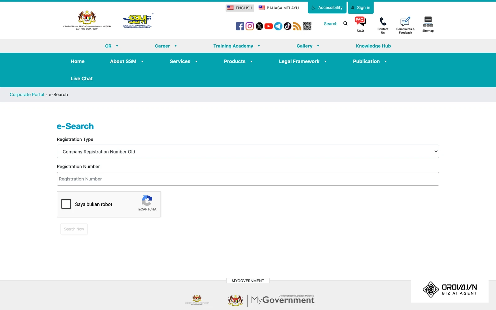 Halaman e-Search di laman rasmi Suruhanjaya Syarikat Malaysia (SSM), pintu masuk carian maklumat syarikat dan perniagaan berdaftar.