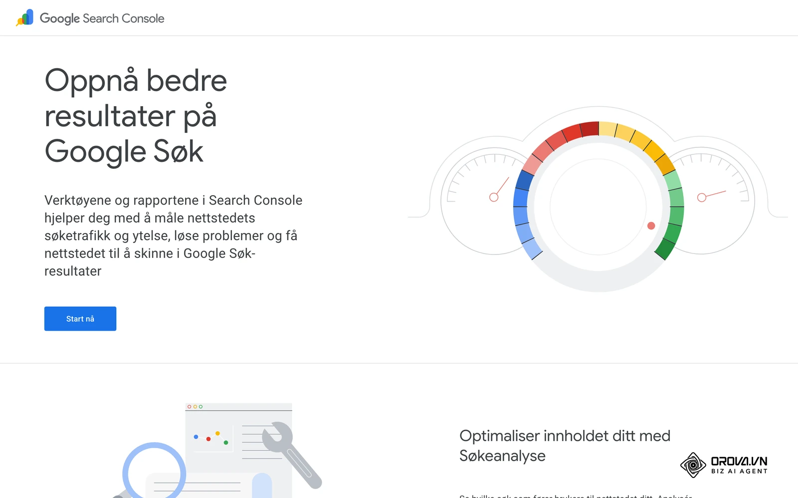 Googles offisielle presentasjonsside for Google Search Console, med eksempler på rapportene om søketrafikk og indeksering.